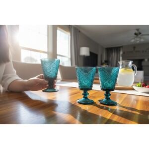 Glass Goblets Set of 4 Teal Blue Brand New Embossed Footed Wine Water